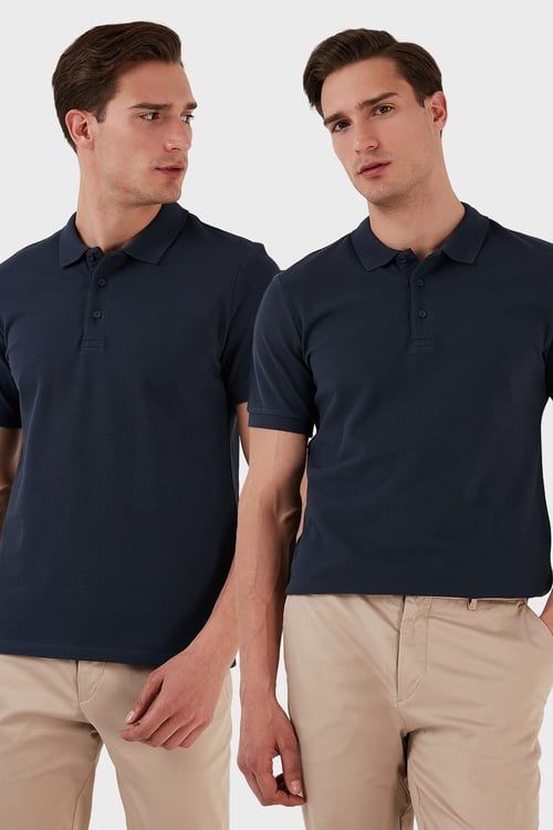 Pamuk Regular Fit Düğmeli 2'li Paket Erkek Polo Yaka T Shirt 5902127S2 İndigo-İndigo