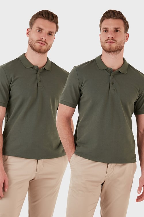 Pamuk Regular Fit Düğmeli 2'li Paket Erkek Polo Yaka T Shirt 5902127S2 Haki-Haki