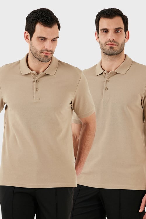 Pamuk Regular Fit Düğmeli 2'li Paket Erkek Polo Yaka T Shirt 5902127S2 VİZON-VİZON
