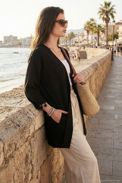Pamuk ve Keten Karışımlı Püskül Detaylı Regular Fit Uzun Kimono Kadın Hırka 5869015 SİYAH