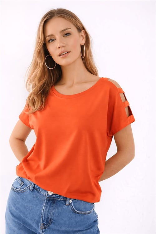 Pamuk ve Modal Karışımlı Omuz Detaylı Kadın T Shirt 26Y0195K1 KORAL