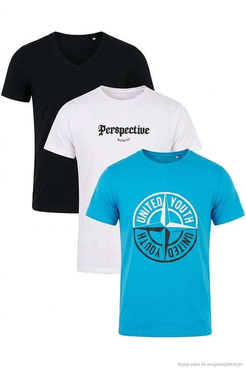 Pamuklu Baskılı 3'lü Paket Erkek T Shirt 541S3 Siyah-Beyaz-Açık Mavi