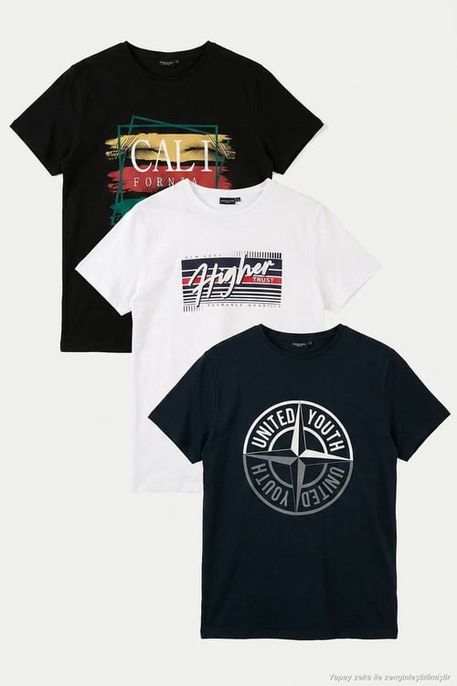 Pamuklu Baskılı 3'lü Paket Erkek T Shirt 541S3 Siyah-Lacivert-Beyaz