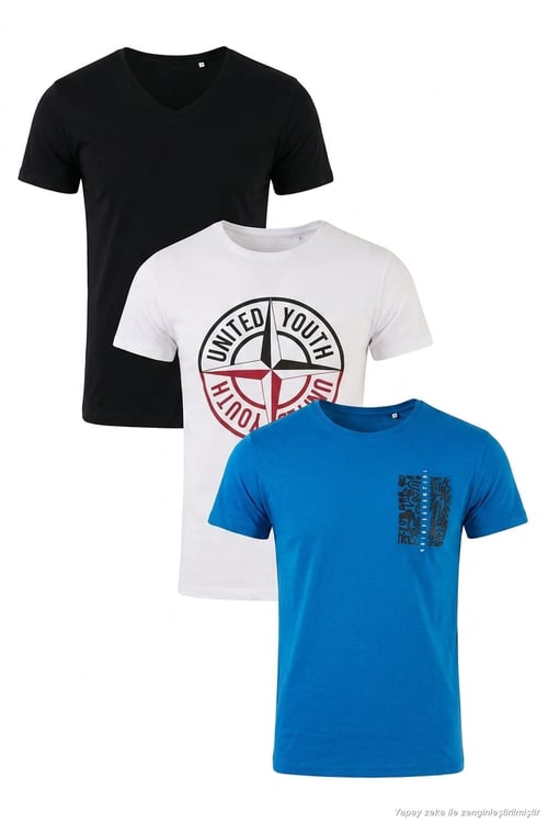 Pamuklu Baskılı 3'lü Paket Erkek T Shirt 541S3 Siyah-Parlıament-Beyaz