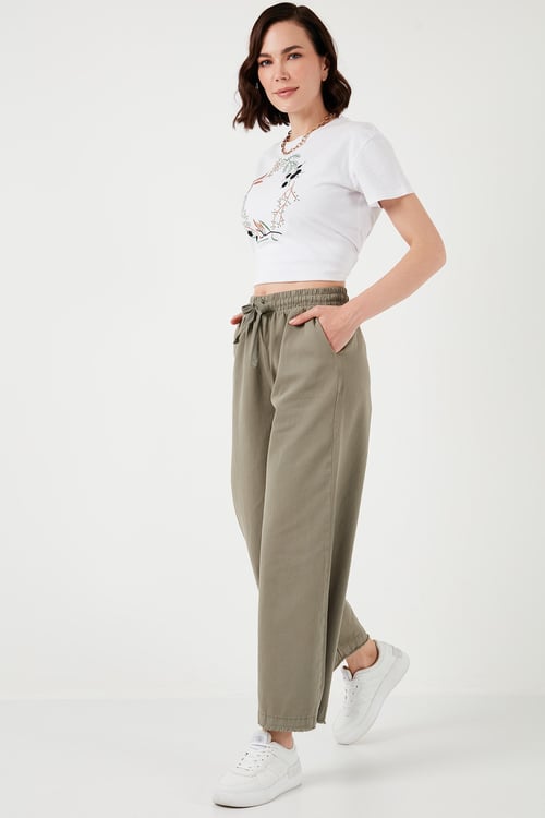 Pamuklu Belden Bağlamalı Yüksek Bel Geniş Paça Cepli Regular Fit Kadın Pantolon 668YP4760 AÇIK HAKİ
