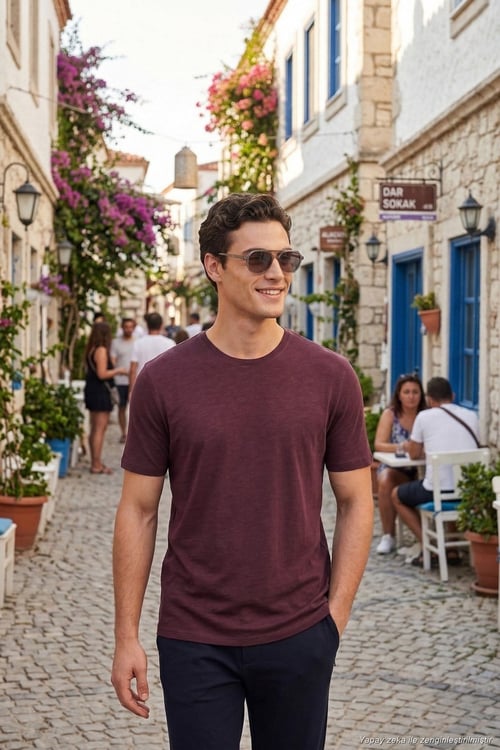 Pamuklu Bisiklet Yaka Basic Erkek T Shirt 59020001 VİŞNE