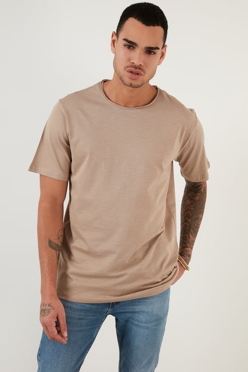 Pamuklu Bisiklet Yaka Basic Erkek T Shirt 59020001 VİZON