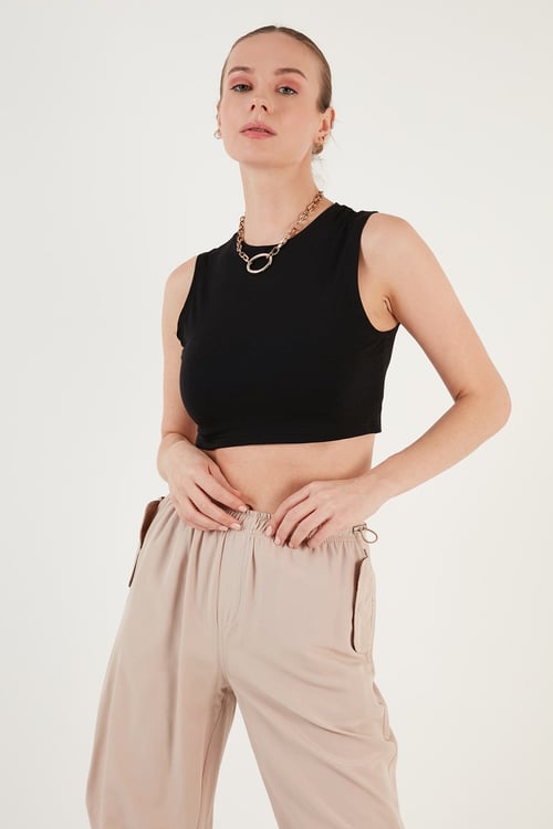 Pamuklu Bisiklet Yaka Dar Kesim Crop Kadın Atlet 5865259 SİYAH