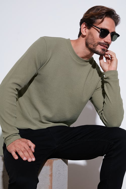 Pamuklu Bisiklet Yaka Normal Kalıp Basic Erkek Sweat 5905073 Vizon Yeşili