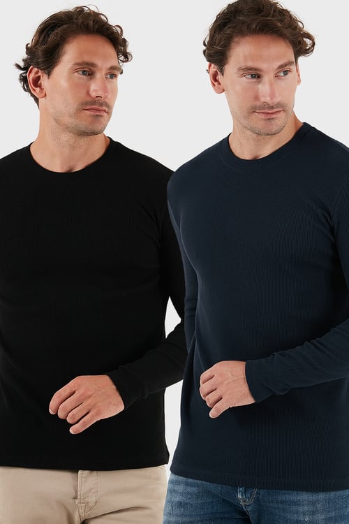 Pamuklu Bisiklet Yaka Normal Kalıp Basic 2'li Paket Erkek Sweat 5905073S2 LACİVERT-SİYAH