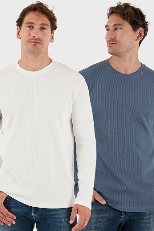 Pamuklu Bisiklet Yaka Normal Kalıp Basic 2'li Paket Erkek Sweat 5905073S2 Ekru-Koyu Gri