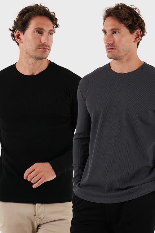 Pamuklu Bisiklet Yaka Normal Kalıp Basic 2'li Paket Erkek Sweat 5905073S2 ANTRASİT-SİYAH