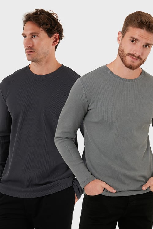Pamuklu Bisiklet Yaka Normal Kalıp Basic 2'li Paket Erkek Sweat 5905073S2 Antrasit-Açık Haki