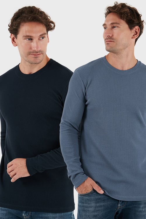 Pamuklu Bisiklet Yaka Normal Kalıp Basic 2'li Paket Erkek Sweat 5905073S2 KOYU GRİ-LACİVERT