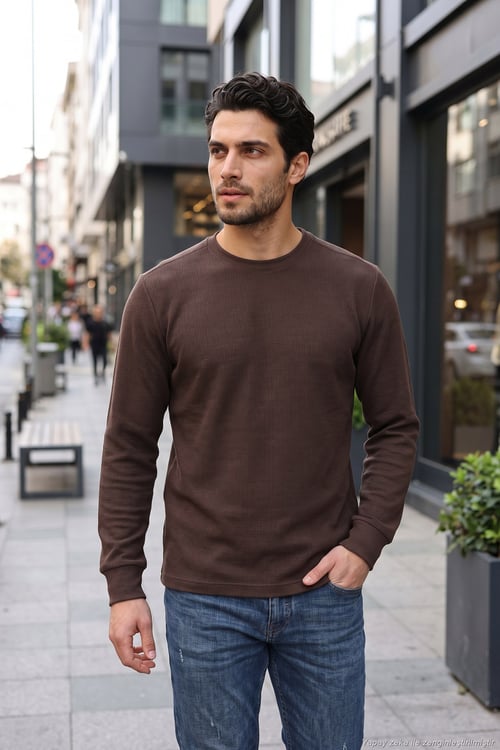 Pamuklu Bisiklet Yaka Normal Kalıp Basic Erkek Sweat 5905073 KAHVE