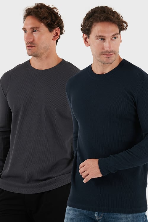 Pamuklu Bisiklet Yaka Normal Kalıp Basic 2'li Paket Erkek Sweat 5905073S2 ANTRASİT-LACİVERT