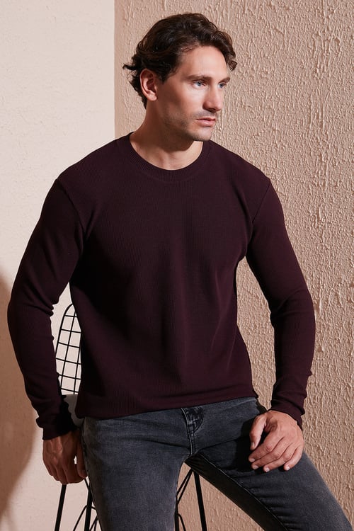 Pamuklu Bisiklet Yaka Normal Kalıp Basic Erkek Sweat 5905073 VİŞNE