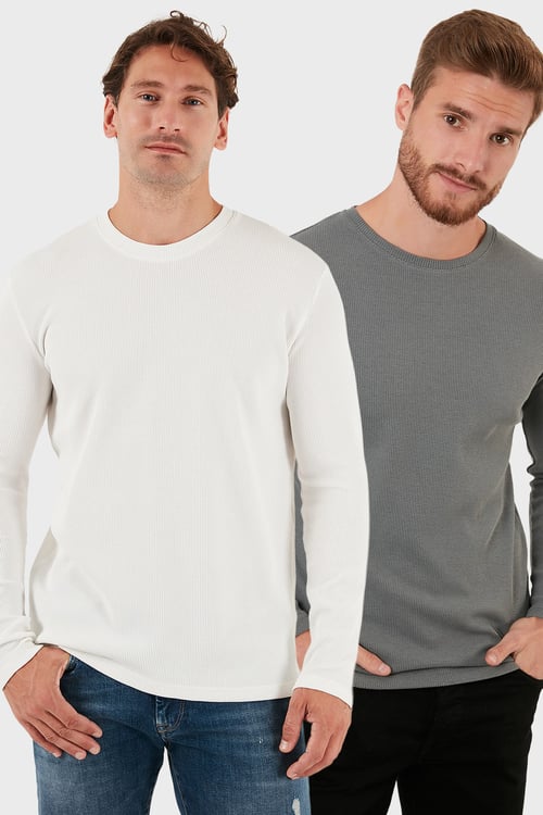 Pamuklu Bisiklet Yaka Normal Kalıp Basic 2'li Paket Erkek Sweat 5905073S2 Açık Haki-Ekru