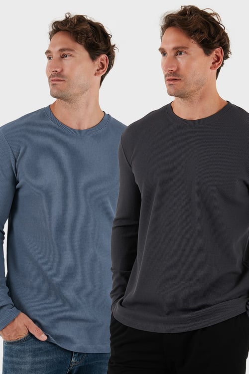 Pamuklu Bisiklet Yaka Normal Kalıp Basic 2'li Paket Erkek Sweat 5905073S2 ANTRASİT-KOYU GRİ