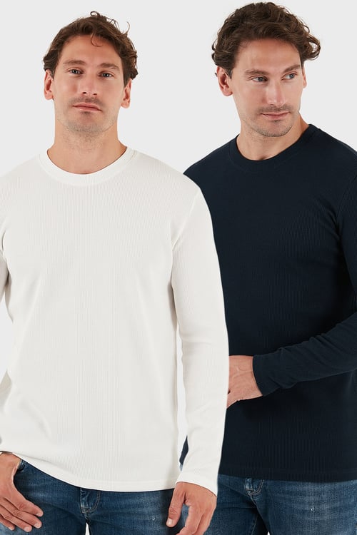 Pamuklu Bisiklet Yaka Normal Kalıp Basic 2'li Paket Erkek Sweat 5905073S2 EKRU-LACİVERT