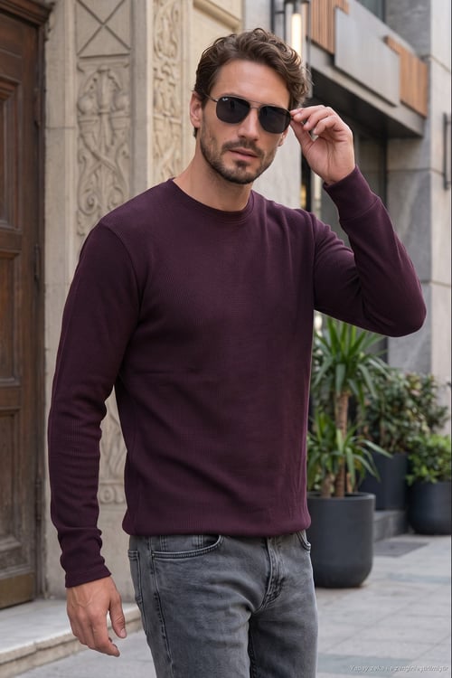 Pamuklu Bisiklet Yaka Normal Kalıp Basic Erkek Sweat 5905073 VİŞNE