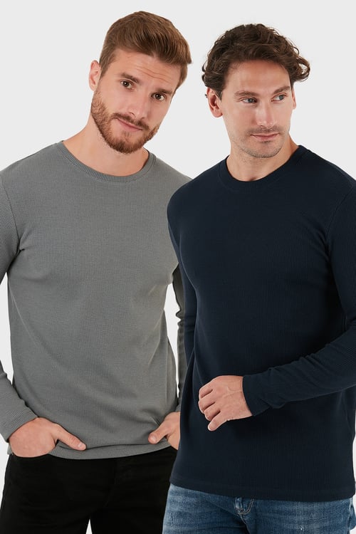 Pamuklu Bisiklet Yaka Normal Kalıp Basic 2'li Paket Erkek Sweat 5905073S2 Açık Haki-Lacivert