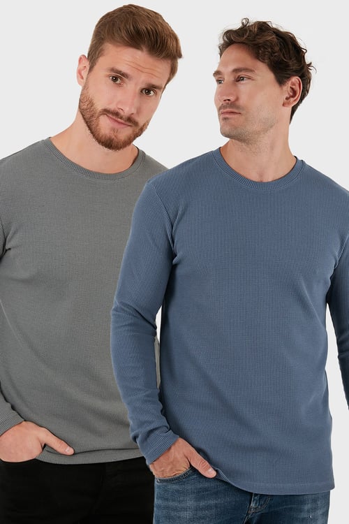 Pamuklu Bisiklet Yaka Normal Kalıp Basic 2'li Paket Erkek Sweat 5905073S2 Açık Haki-Koyu Gri