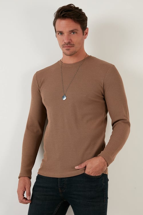 Pamuklu Bisiklet Yaka Normal Kalıp Basic Erkek Sweat 5905073 SAFARİ