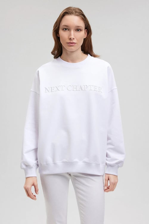 Pamuklu Bisiklet Yaka Oversize Fit Kadın Sweat 1S10121-620 BEYAZ
