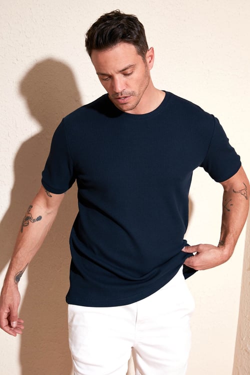 Pamuklu Bisiklet Yaka Regular Fit Basic Erkek T Shirt 5902759 İNDİGO