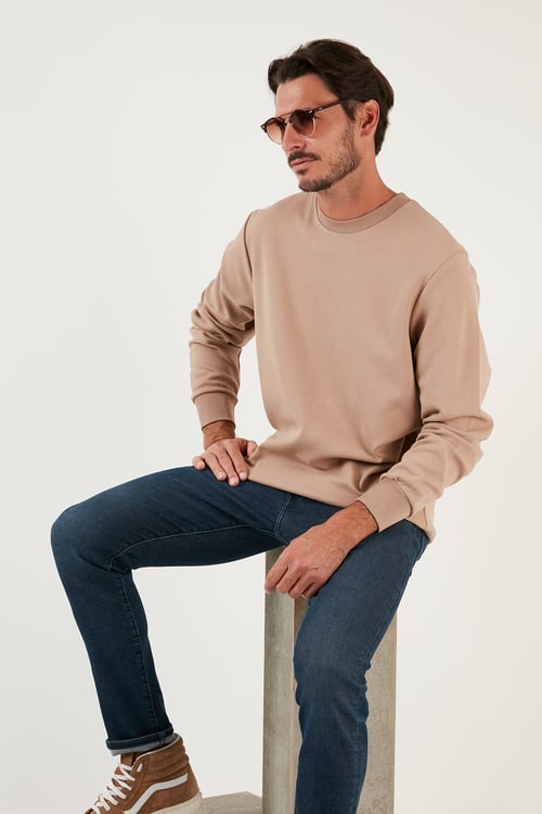Pamuklu Bisiklet Yaka Regular Fit Basic Erkek Sweat 5905521 VİZON