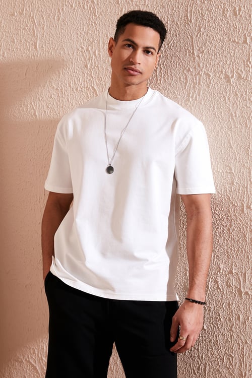 Pamuklu Bisiklet Yaka Relaxed Fit Basic Erkek T Shirt 5902610 EKRU