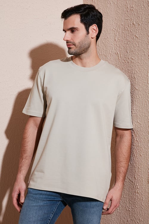 Pamuklu Bisiklet Yaka Relaxed Fit Basic Erkek T Shirt 5902610 Açık Taş