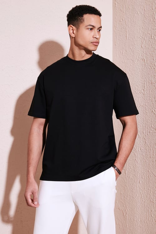 Pamuklu Bisiklet Yaka Relaxed Fit Basic Erkek T Shirt 5902610 SİYAH