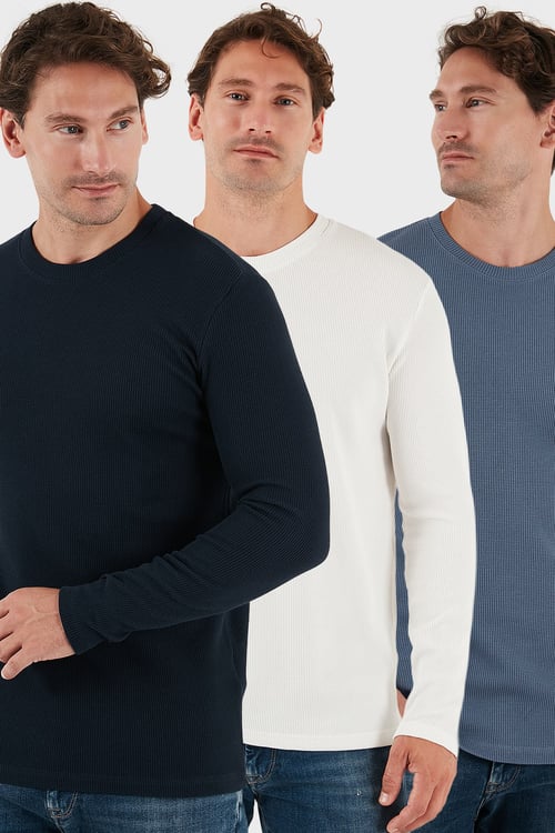 Pamuklu Bisklet Yaka Normal Kalıp Basic 3'lü Paket Erkek Sweat 5905073S3 Koyu Gri-Ekru-Lacivert