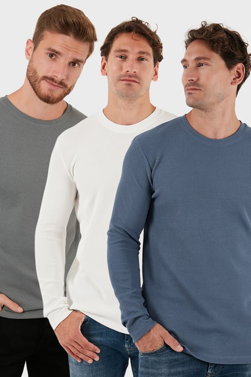Pamuklu Bisklet Yaka Normal Kalıp Basic 3'lü Paket Erkek Sweat 5905073S3 Açık Haki-Ekru-Koyu Gri