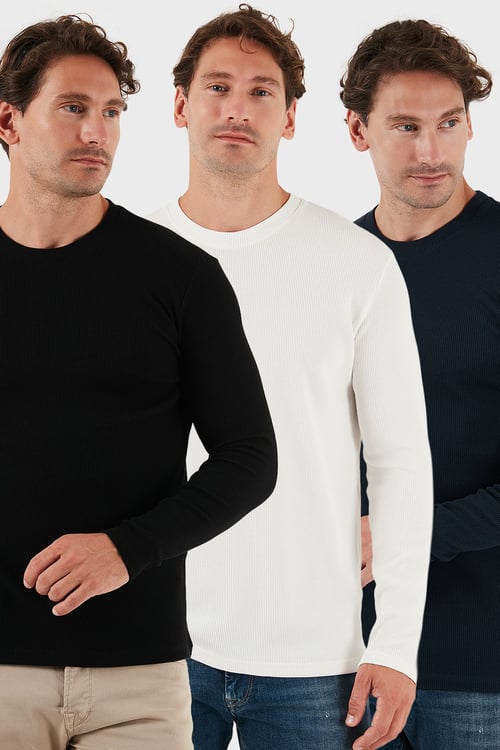 Pamuklu Bisklet Yaka Normal Kalıp Basic 3'lü Paket Erkek Sweat 5905073S3 Ekru-Lacivert-Siyah