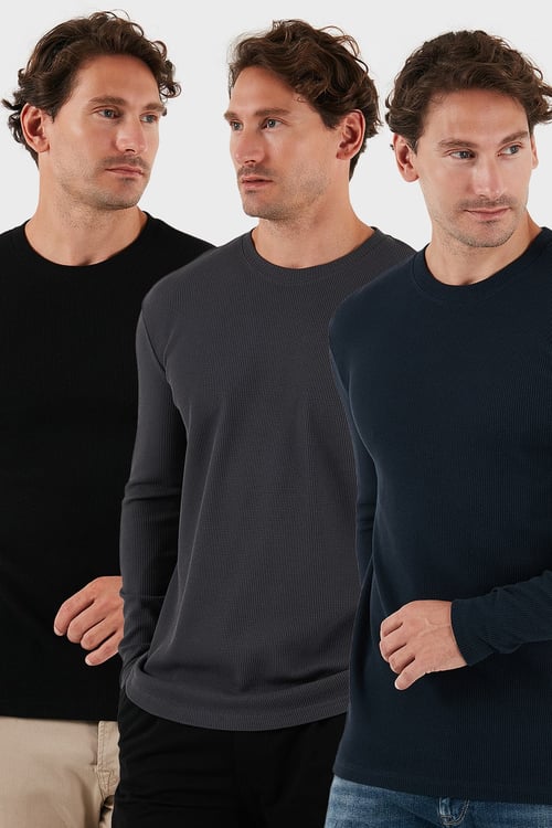 Pamuklu Bisklet Yaka Normal Kalıp Basic 3'lü Paket Erkek Sweat 5905073S3 Siyah-Antrasit-Lacivert