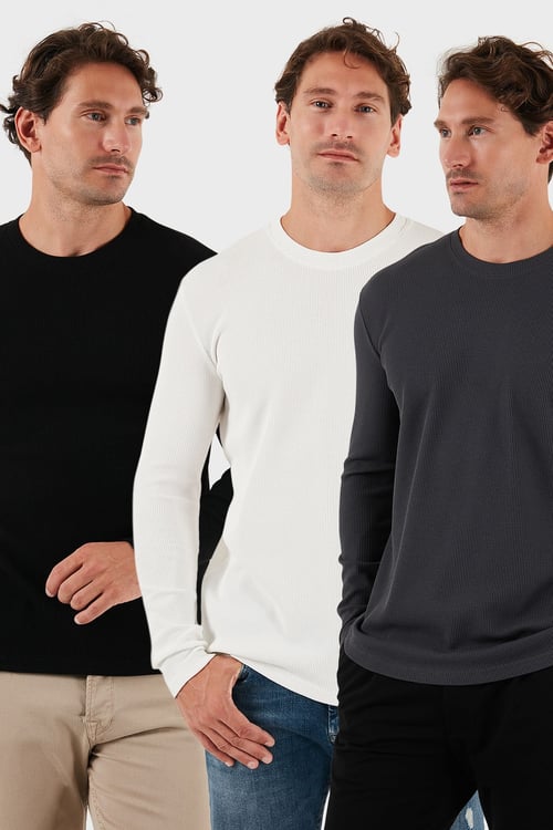 Pamuklu Bisklet Yaka Normal Kalıp Basic 3'lü Paket Erkek Sweat 5905073S3 Ekru-Antrasit-Siyah