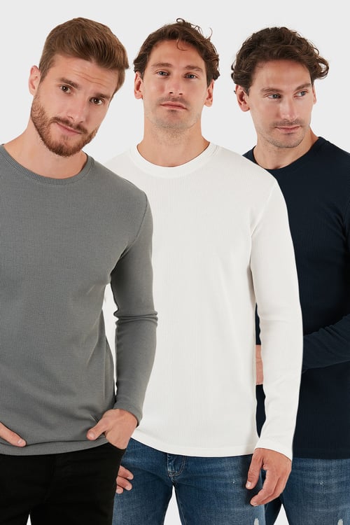Pamuklu Bisklet Yaka Normal Kalıp Basic 3'lü Paket Erkek Sweat 5905073S3 Antrasit-Ekru-Lacivert