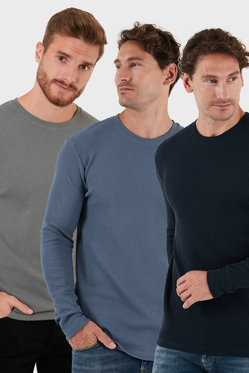Pamuklu Bisklet Yaka Normal Kalıp Basic 3'lü Paket Erkek Sweat 5905073S3 Açık Haki-Koyu Gri-Lacivert