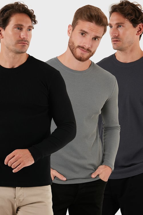 Pamuklu Bisklet Yaka Normal Kalıp Basic 3'lü Paket Erkek Sweat 5905073S3 Antrasit-Açık Haki-Siyah