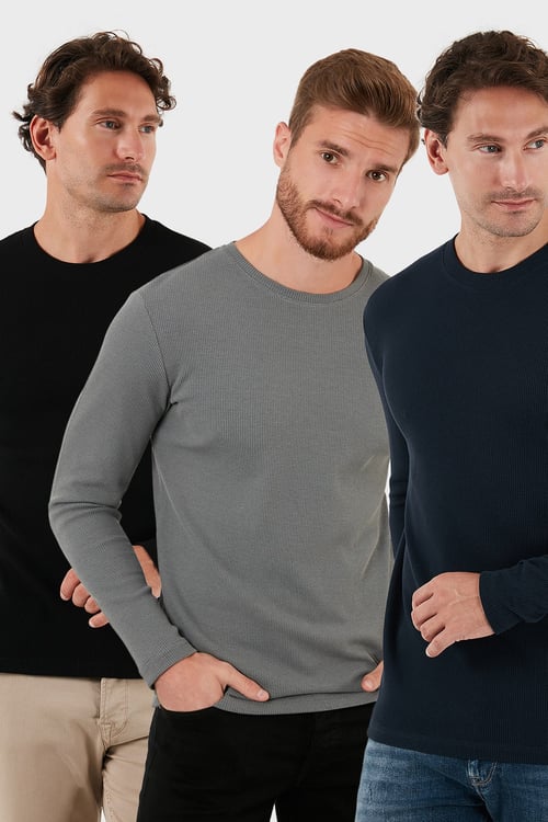 Pamuklu Bisklet Yaka Normal Kalıp Basic 3'lü Paket Erkek Sweat 5905073S3 Açık Haki-Lacivert-Siyah