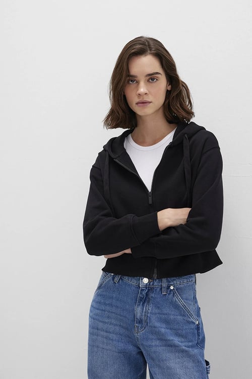 Pamuklu Boxy Fit Kapüşonlu Fermuarlı Kadın Sweat 1S10388-900 SİYAH