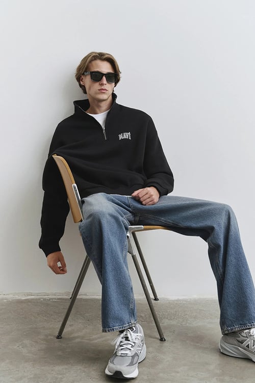 Pamuklu Boxy Fit Uzun Kollu Logolu Erkek Sweat 0S10208-900 SİYAH