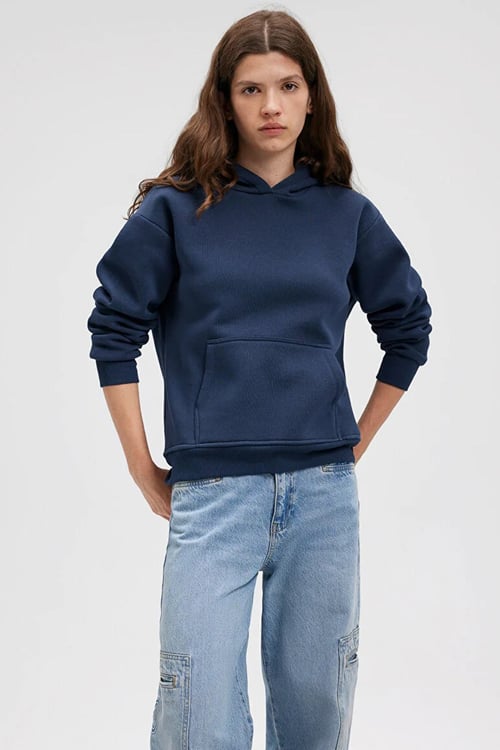 Pamuklu Boyfriend Kapüşonlu İçi Tüylü Şardonlu Basic Kadın Sweat 167299-70488 KOYU LACIVERT