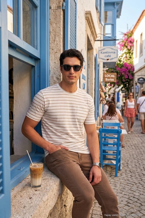 Pamuklu Çizgili Cep Detaylı Bisiklet Yaka Erkek T Shirt 5904057 VİZON
