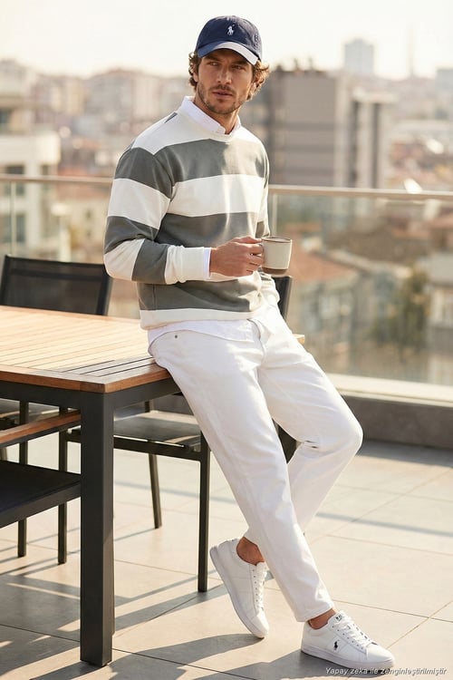 Pamuklu Çizgili Regular Fit Bisiklet Yaka Erkek Sweat 5905790 AÇIK HAKİ