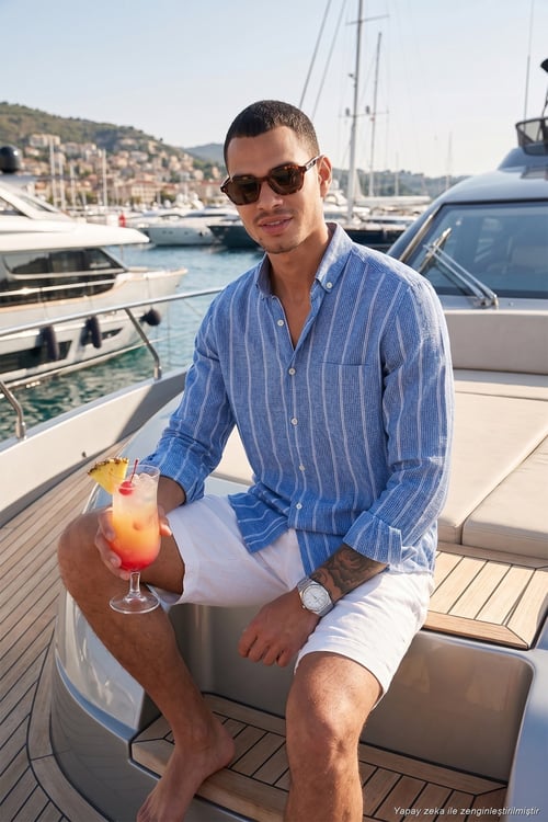 Pamuklu Çizgili Regular Fit Düğmeli Yaka Erkek Gömlek CF21S112480 SAKS-BEYAZ