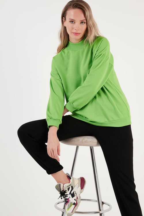 Pamuklu Dik Yaka Basic Örme Kadın Sweat 5863323 FISTIK YEŞİL